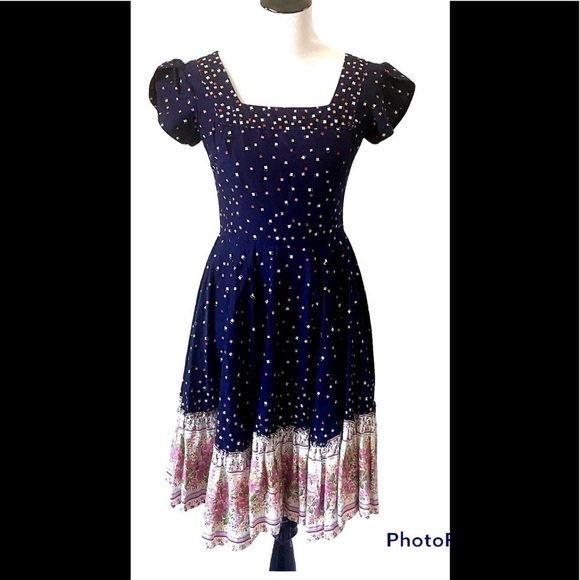 Vintage Handmade Dress Sz Medium Floral Drop Waist Baby Doll Mini Peasant Navy - Picture 1 of 7